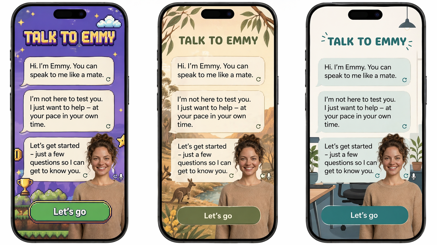 Three phone screens showing the Coach Arrives onboarding screen with Emmy as the coach avatar across three different background themes.